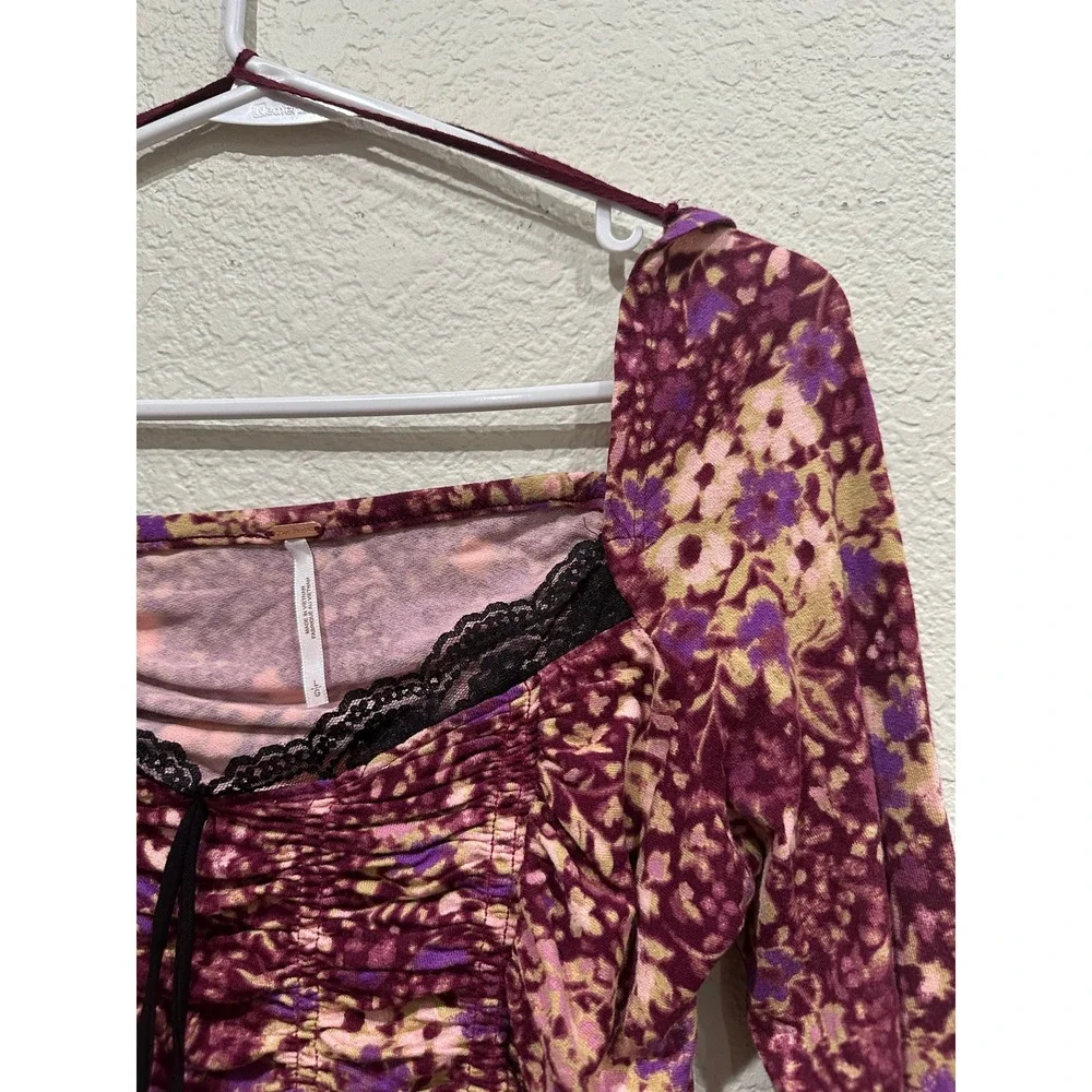 Free People Layer It On Me Long Sleeve Floral Ruched  Purple Lace Trim Large